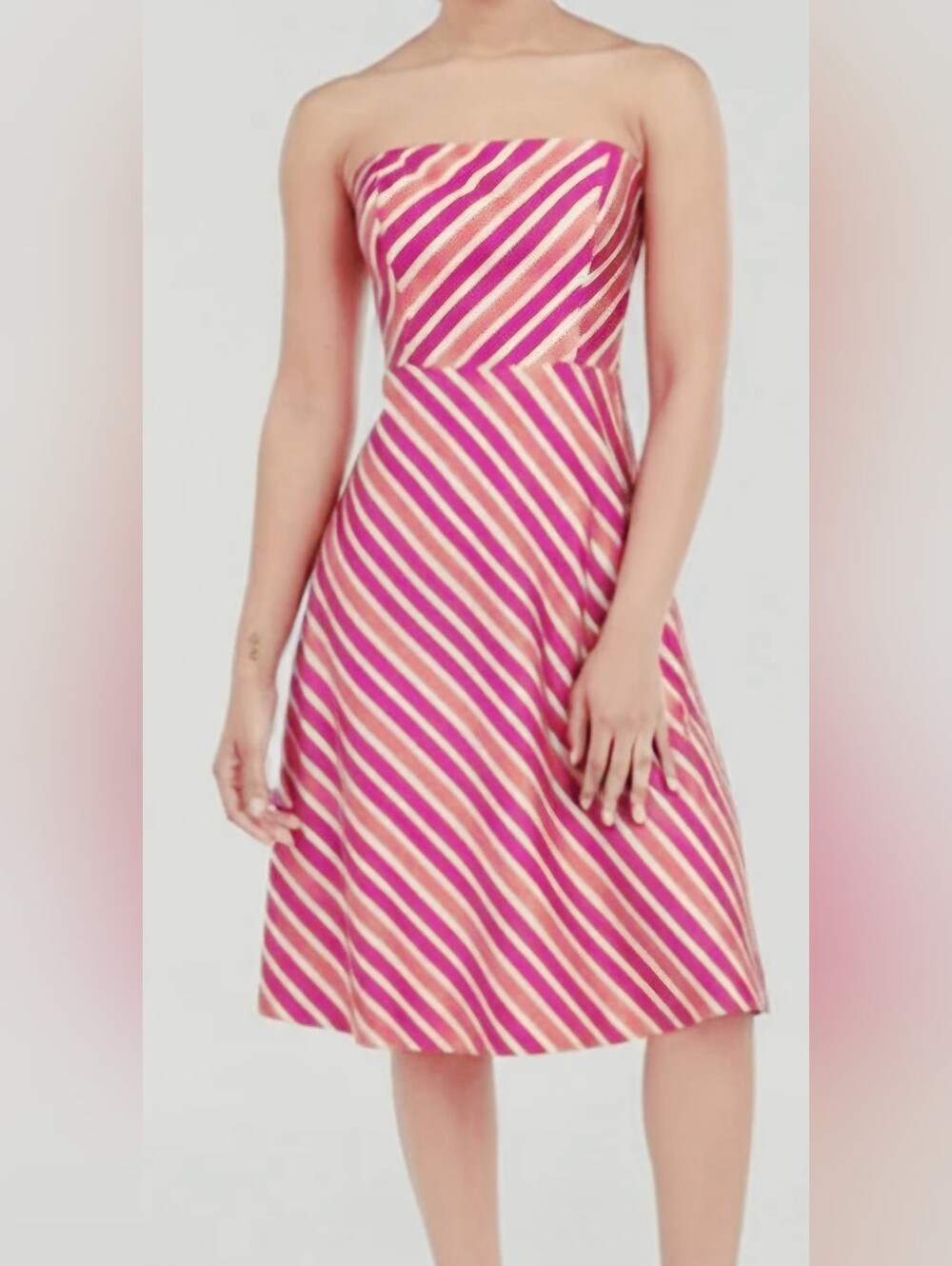 Ann Taylor Strapless Pink & Cream Diagonal Stripe A-Line Dress